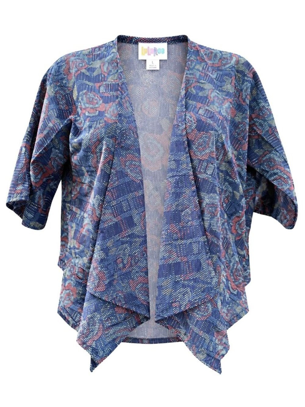 LuLaRoe Size 3 Navy Abstract Open Front Cardigan Kimono Lightweight High Low Hem